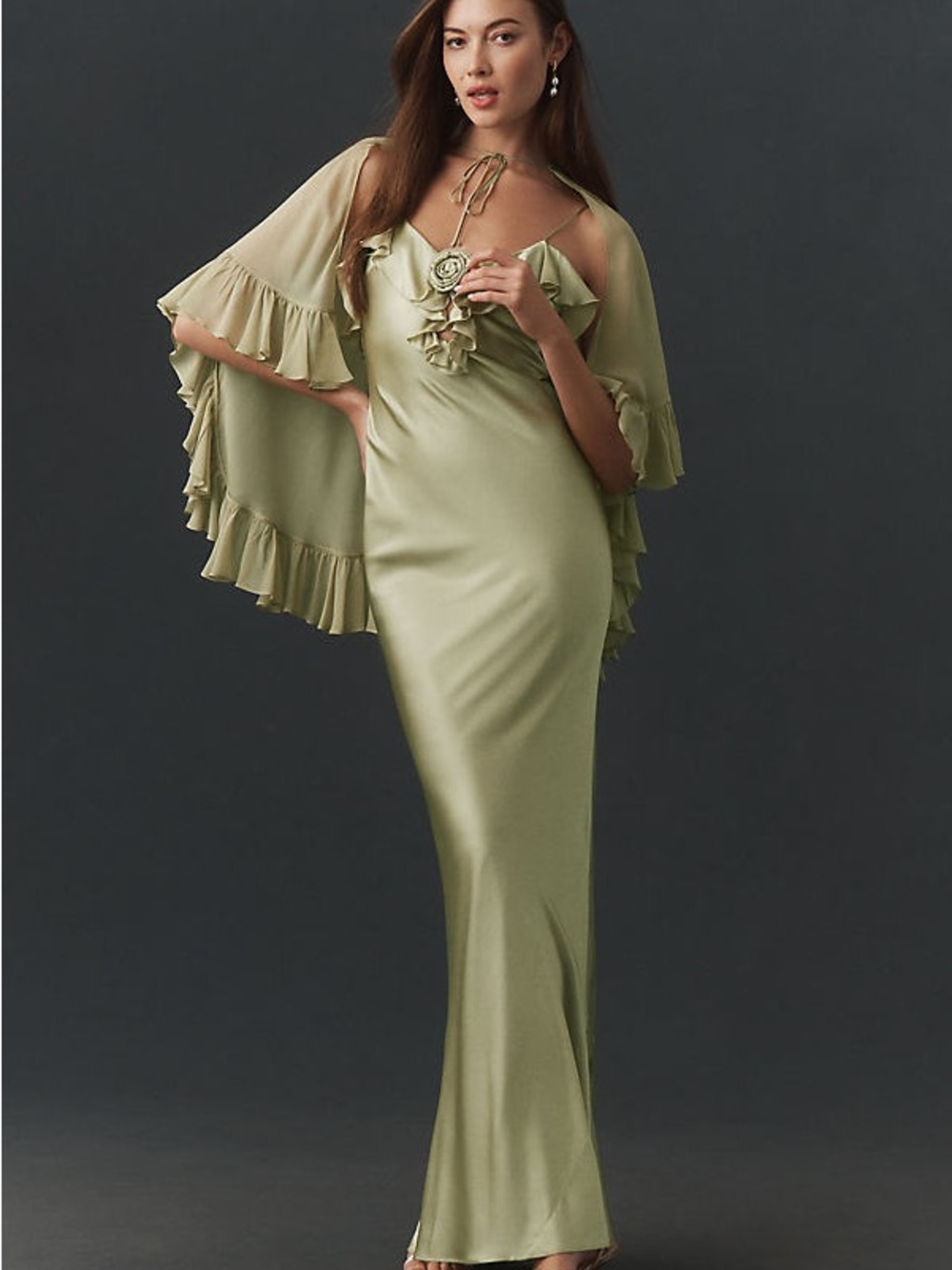 NWT De La Vali Esperanza Ruffled Silk Satin Maxi Dress Green Size 6